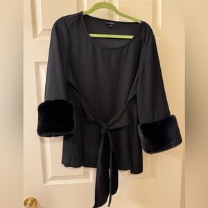 Black Tie-Front Top with Faux Fur Cuffs L & M